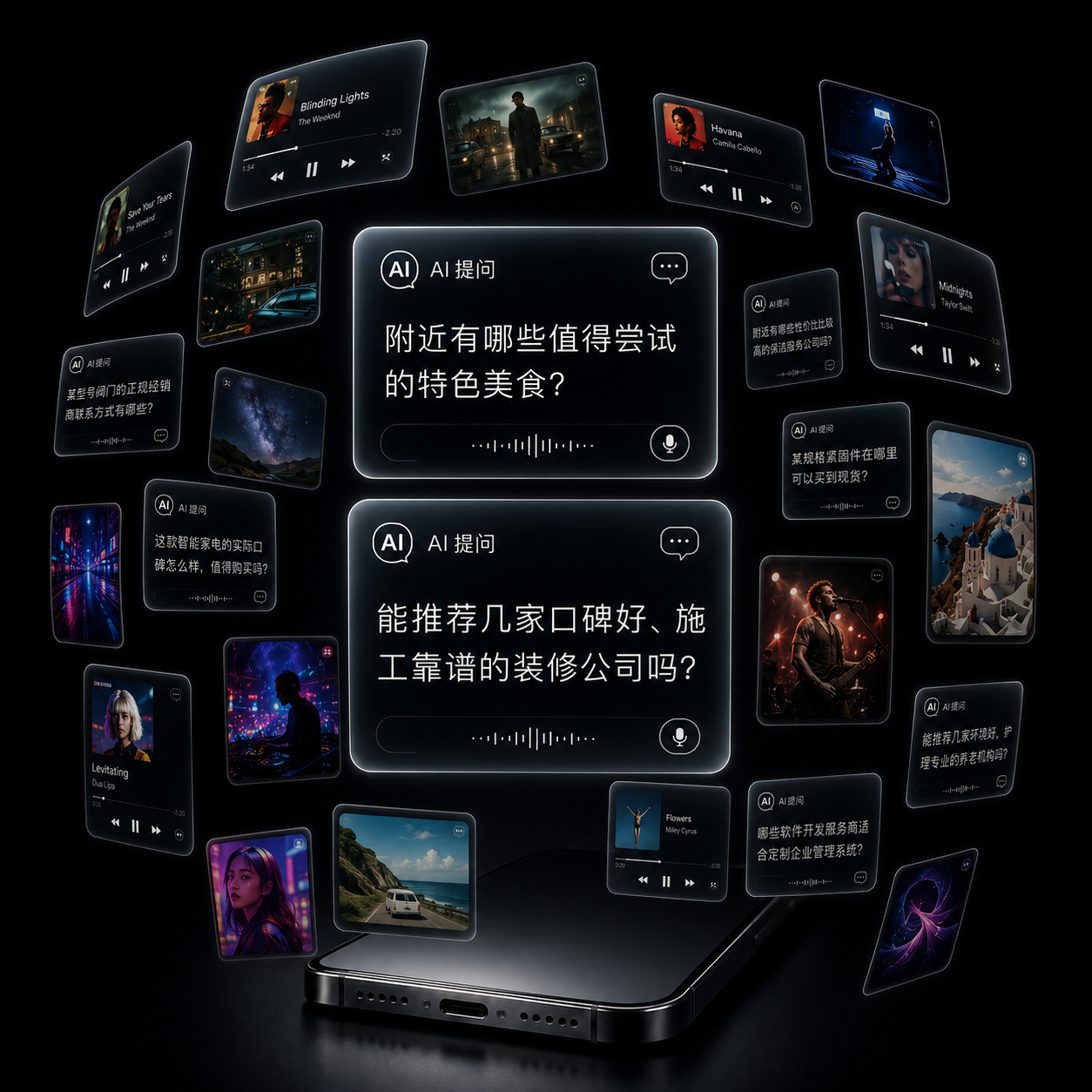 Floating AI question and content cards above a phone, representing GEO AI answer visibility